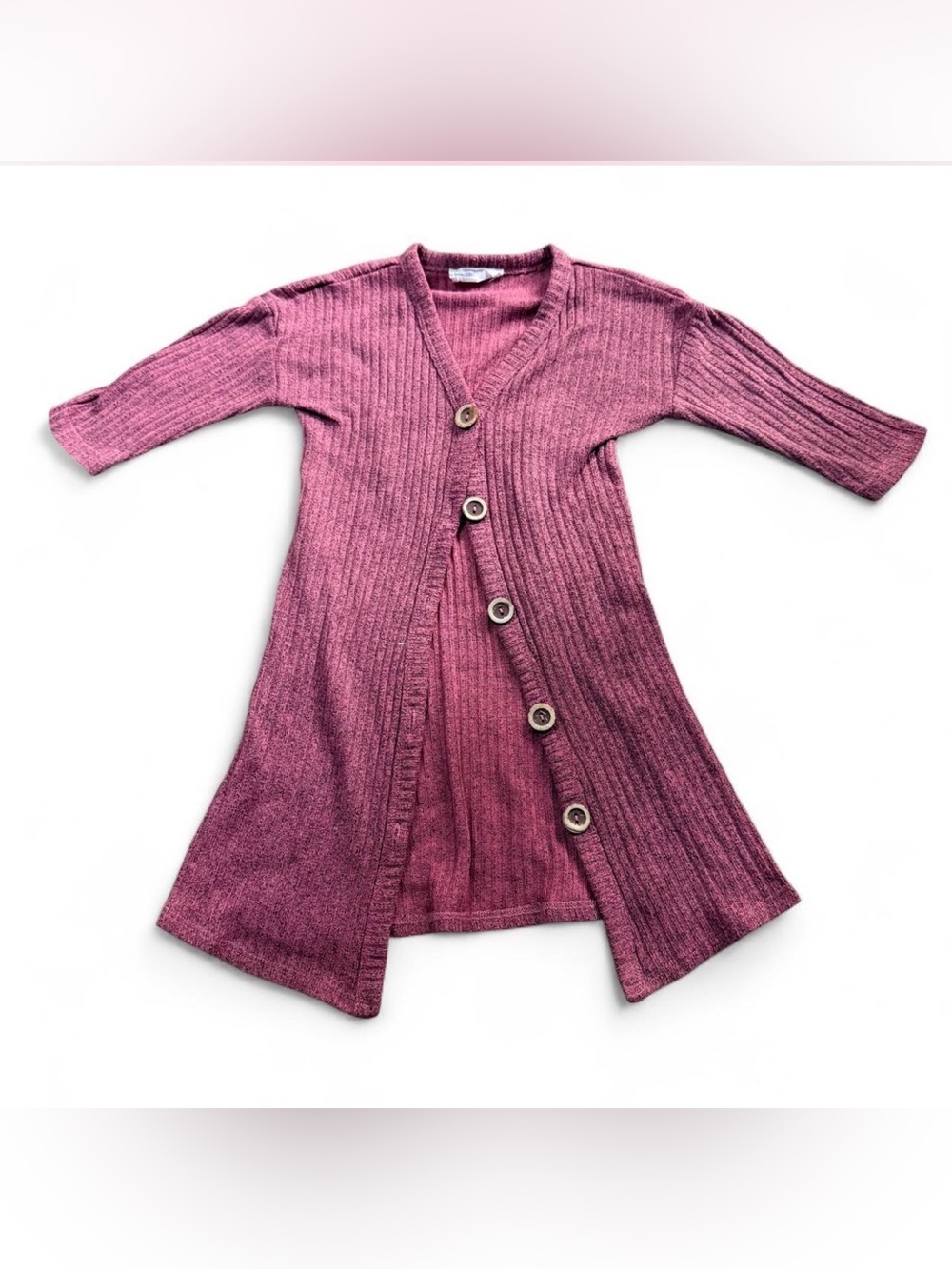 Beautees Long Ribbed Button-Front Cardigan - Dusty Rose